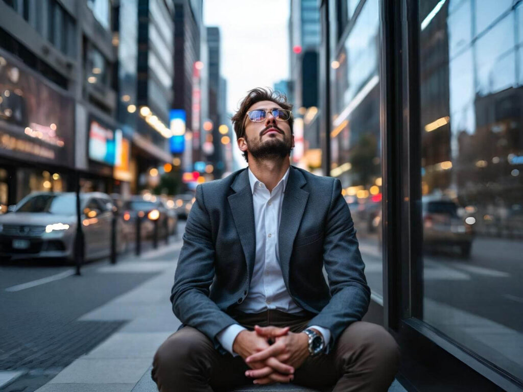 Businessman taking a moment of rest in God amid city chaos | Heaven Speaks