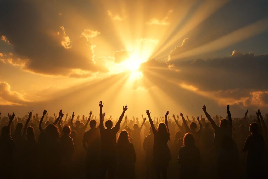 Crowd raising hands in worship as golden sunlight breaks through clouds, symbolizing the glory of God filling the atmosphere with His presence.