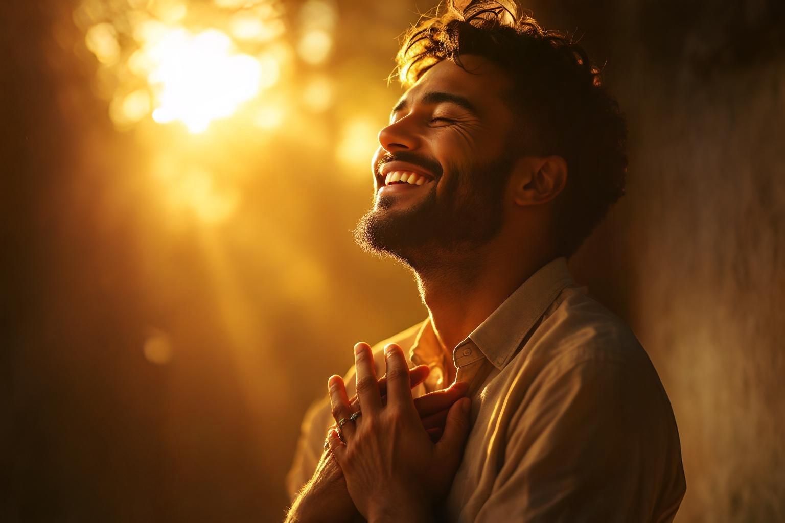Man smiling peacefully with hand on heart as warm sunlight shines on his face, representing joy and peace in the glory of God’s presence.