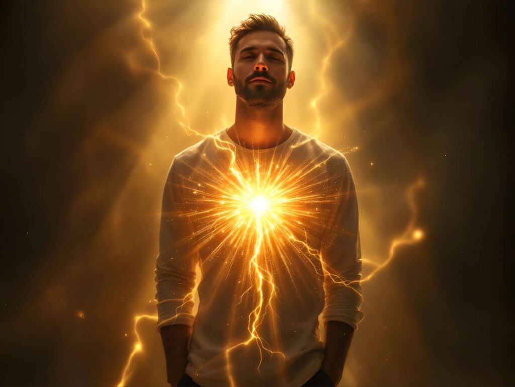 Man standing in radiant golden light glowing from his chest, symbolizing awakening to identity in God and living spirit first.