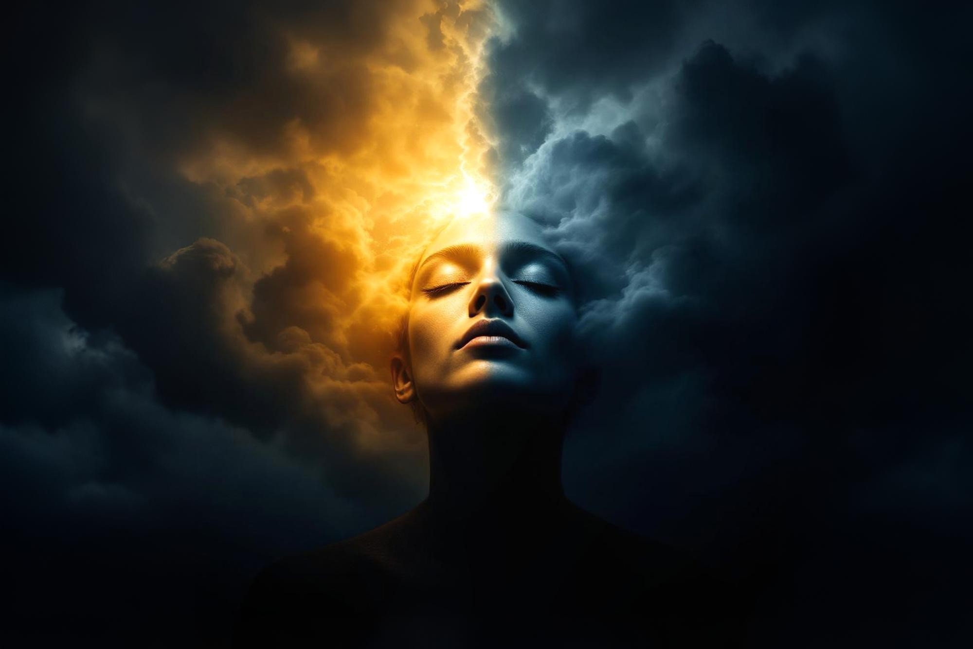 Woman surrounded by blue and gold clouds representing peace vs chaos and learning to discern the peace of Christ in everyday life.