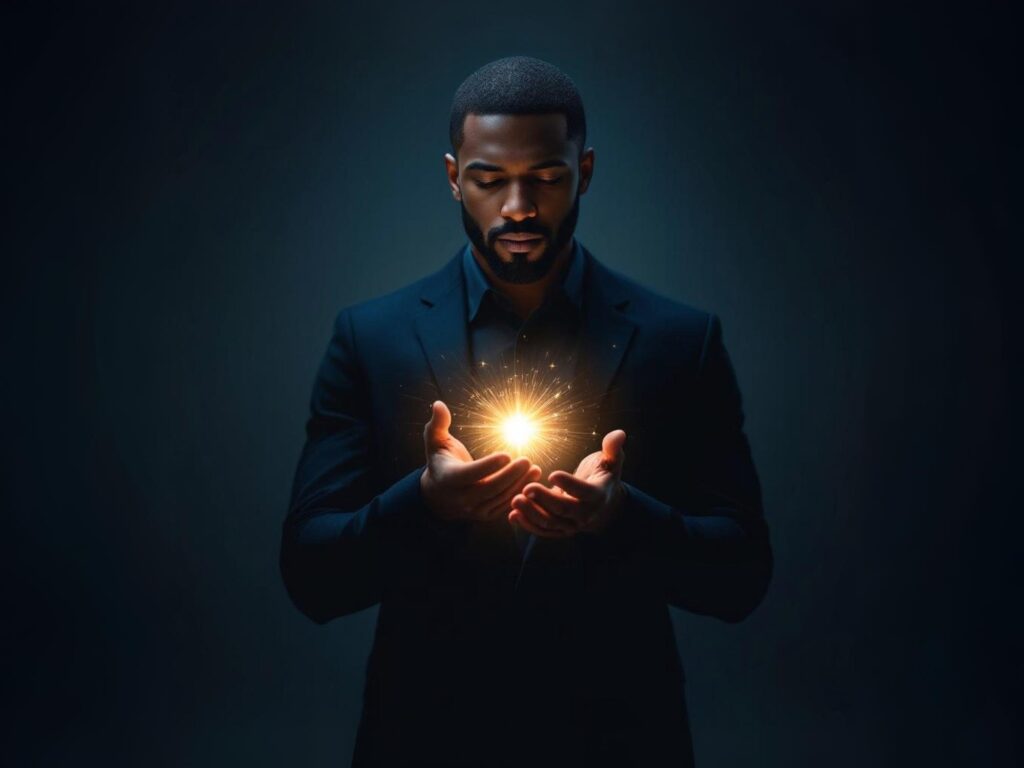 Man holding glowing light symbolizing a son of God releasing the peace of Christ and discerning peace vs chaos through His presence.