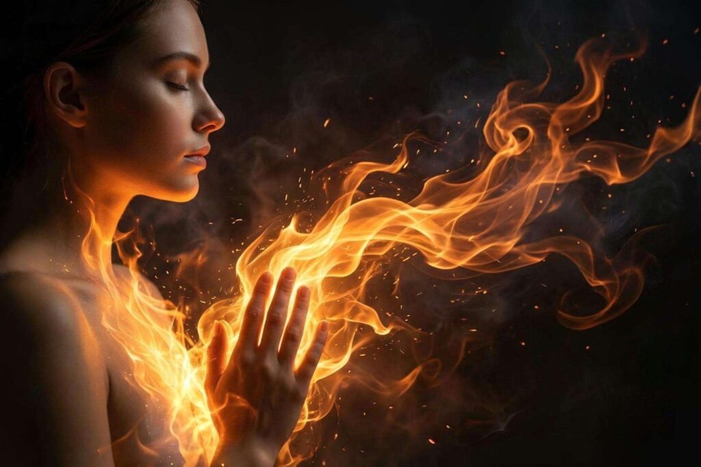 A calm woman with eyes closed, glowing with internal fire and light flowing from her heart, symbolizing spiritual union, refinement, and God’s refining fire.