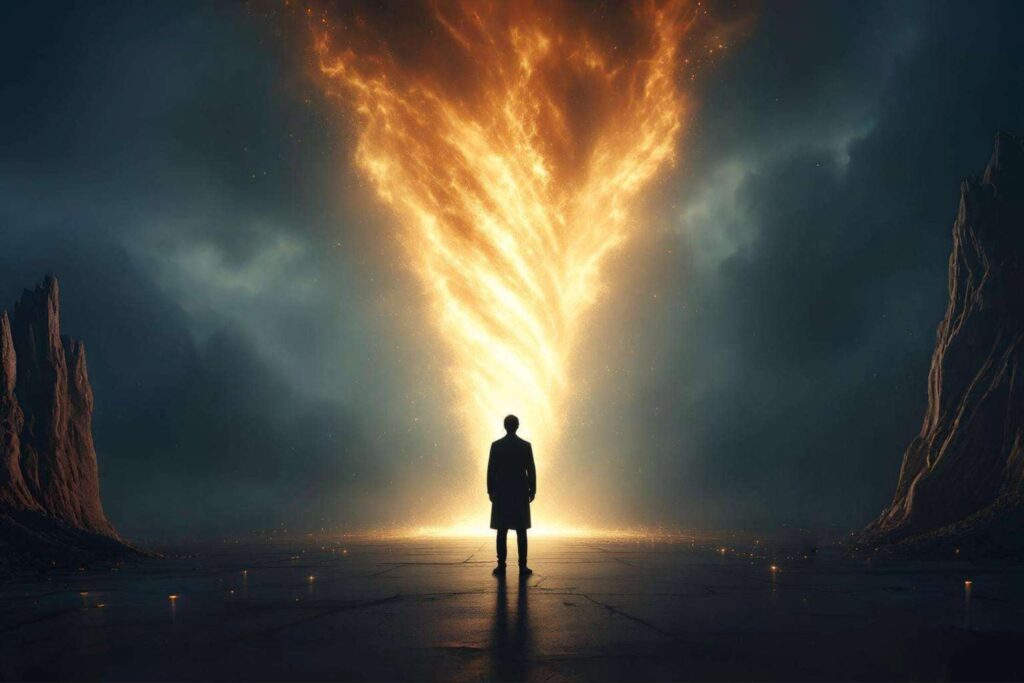 A silhouetted person standing before a towering whirlwind of fire, symbolizing God’s refining fire, divine presence, and transformation.