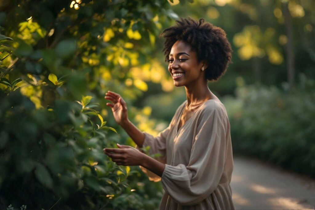 Woman walking peacefully in a garden, experiencing intimacy with God and forming her identity in Christ