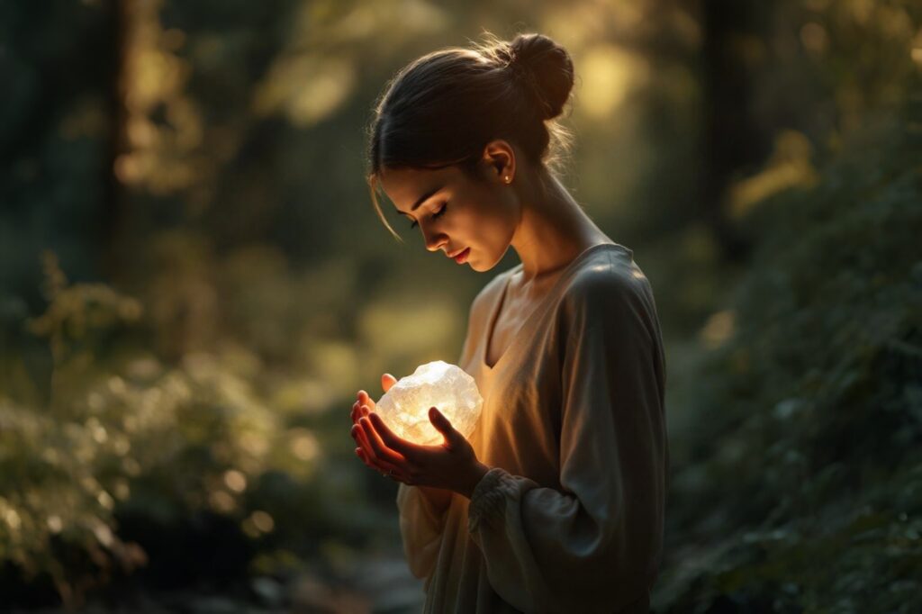 Woman holding a glowing white stone, symbolizing identity in Christ and receiving a new name from God