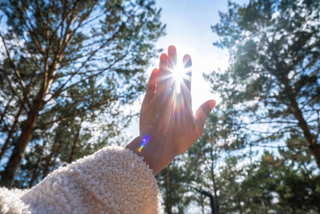 Hand reaching into sunlight through trees, symbolizing a life yielded as a gateway for God’s presence to move through
