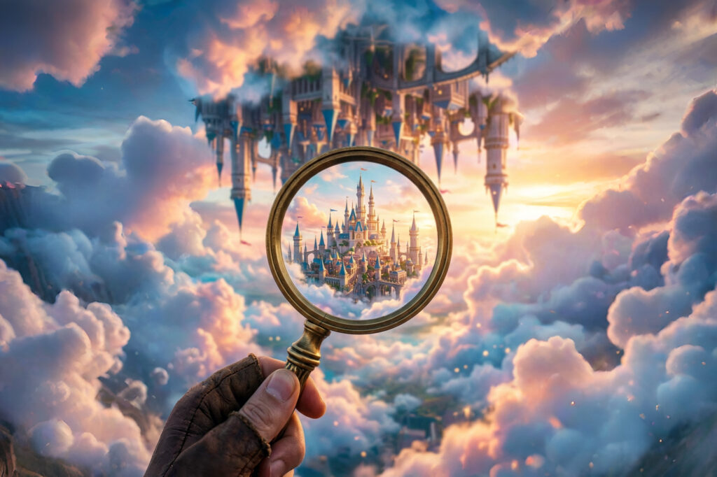 Magnifying glass revealing Heaven’s true order within an upside-down kingdom in the clouds, symbolizing Kingdom identity in Christ through God’s perspective