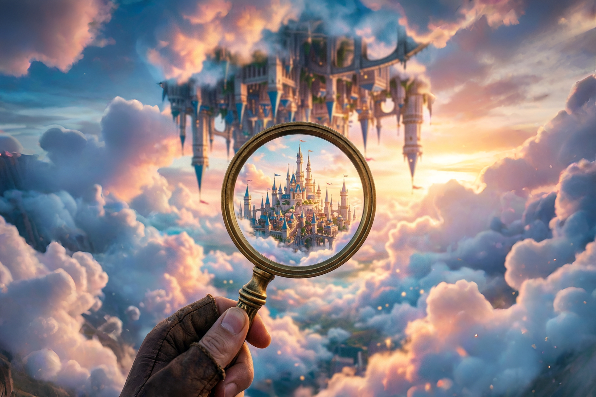 Magnifying glass revealing Heaven’s true order within an upside-down kingdom in the clouds, symbolizing Kingdom identity in Christ through God’s perspective