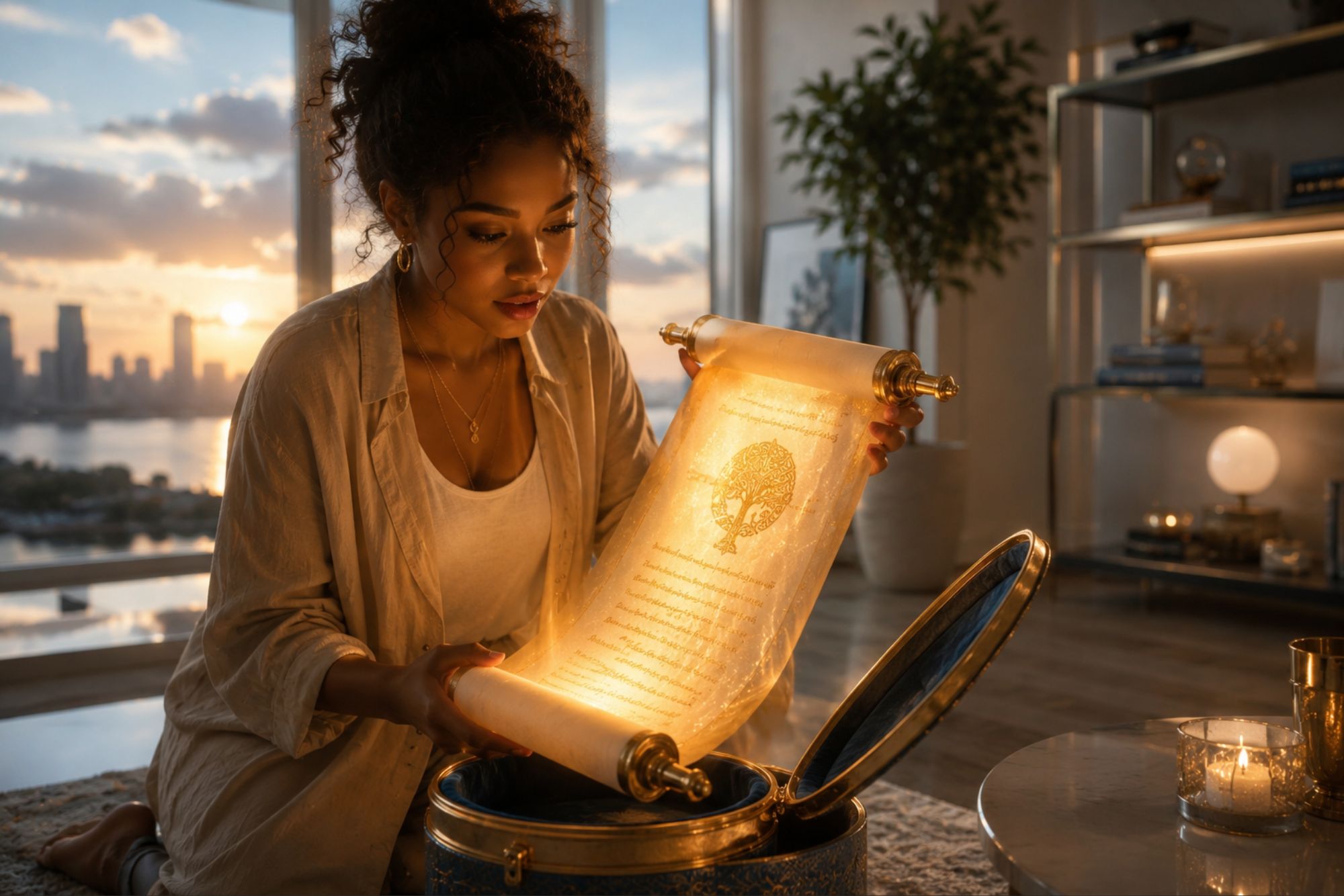 Woman discovering an illuminated ancient scroll representing living from your scroll and God's original intention for your life.