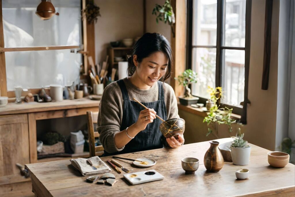 Japanese artisan repairing a broken ceramic bowl with gold, symbolizing living from your scroll by seeing your story through God's redeeming perspective.